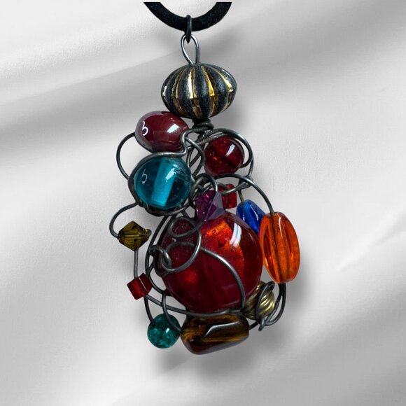 Metal Wire Wrap Multicolour Acrylic Beads Pendant Necklace Black Rope 18 inches - Picture 1 of 7